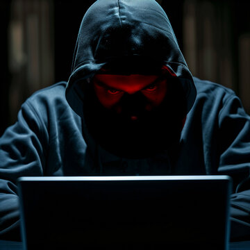 Hacker stealing data from laptop. Dark face. Blurred background.