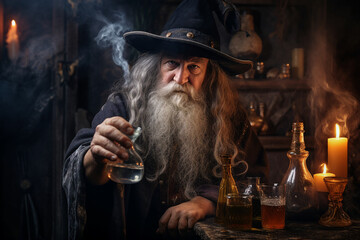 Digital generative ai image collage od wise wizard hold prepare magical drink potion - obrazy, fototapety, plakaty