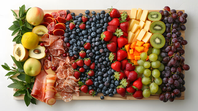 Assorted Fruits, Berries, and Charcuterie on a Wooden Board