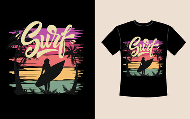 Surf Graphic t shirt design. Sea, ocean beach Summer sunset with palms and surfing girl silhouette with surfboard. Colorful bright vector illustration for tee.