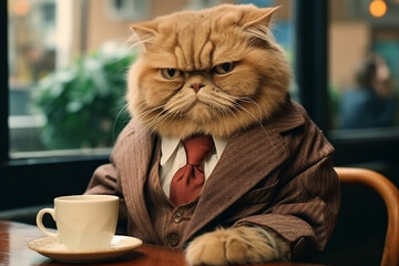 Generative AI image of cat barista in a coffee shop restaurant