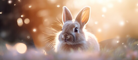 Fototapeta na wymiar Cute rabbit on a sun light with smooth shiny bokeh background. Happy Easter day celebration concept backdrop.