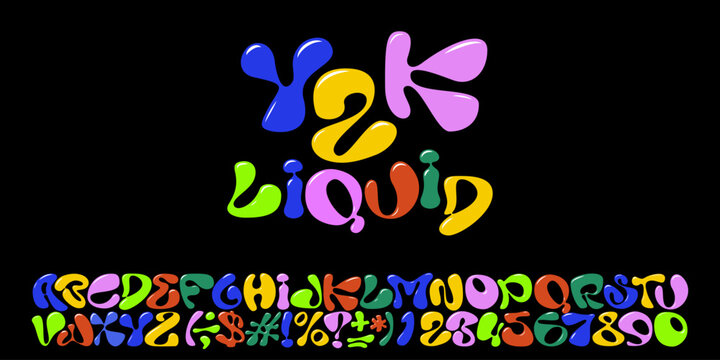 Y2K colorful liquid bubble letters. Cartoon bubble English font or alphabet. Groovy typography. Retro hippie ABC and numbers. Funny ballon font style. 3D vector illustration. Abstract plastic font.