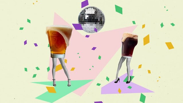 Stop motion, animation. Creative design. Lager foamy beer glasses on slender female legs under disco ball. Party dancing, fun, celebration. Concept of creativity, fun, leisure time, retro fashion