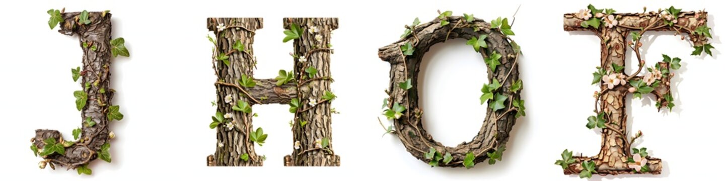 Alphabet letters J, H, O, F made of wood and leaves spelling on white background