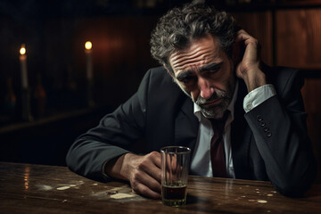 Drunk depressed man sitting in a bar suffering from loneliness made with generative AI