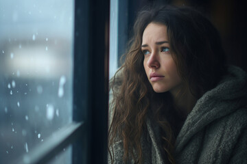 Fototapeta premium Picture of young woman looking through a rainy window with tears streaking down concept of loneliness and depression generative AI