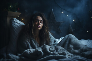 Fototapeta premium Depressed tired woman suffering from psychological problems and lying at home generative ai concept