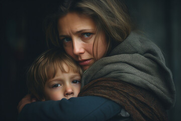 Generative ai picture of mother with son wrapped in warm blanket sitting outdoors