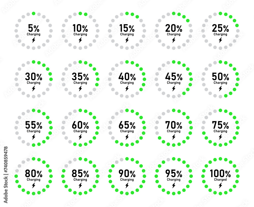 Poster battery recharge icon set with percentage charge indicator zero to full in circle in green color vec