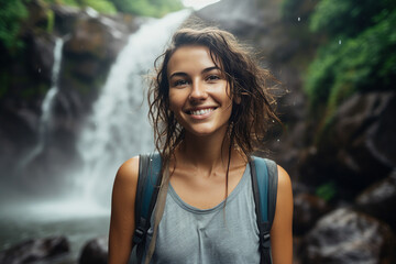 Generated with AI portrait of cheerful girl traveling in tropical forest