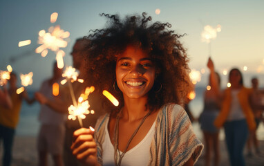 Happy women holding sparklers on holiday travel vacation trips celebrating the Happy New Year.