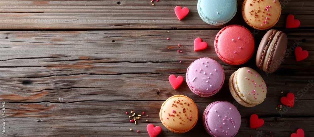 Aufkleber assorted vibrant macarons displayed on a rustic wooden table in a bakery setting