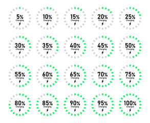Battery recharge icon set with 5% 10% 20% 50% 70% 90% and 100% percent charge in rounded dot circle in green and black color vector flat illustration on white background - Vector Icon