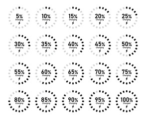 Battery recharge icon set with 5% 10% 20% 50% 70% 90% and 100% percent charge symbol rounded dot circle in black and white color vector flat illustration- Vector Icon