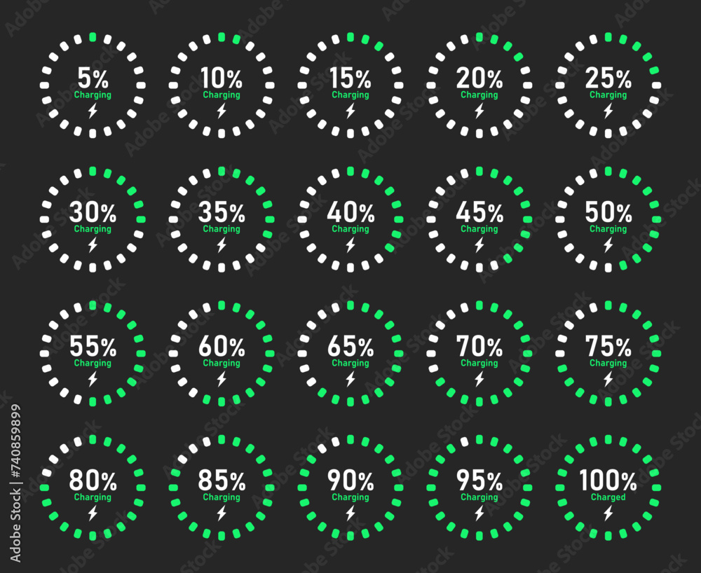 Poster battery recharge indicator set with 5% 10% 20% 50% 70% 90% and 100% charge vector illustration in gr