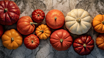 A group of pumpkins on a red color marble