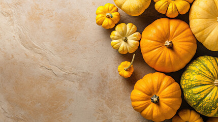 A group of pumpkins on a yellow color marble