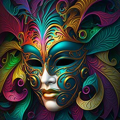 Carnival mask with colorful rainbow decorations on a dark background. Carnival outfits, masks and decorations.