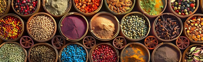 Obraz na płótnie Canvas Colorful Array of Spices Artfully Scattered into Baskets