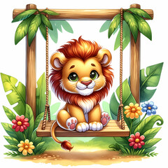 Illustrate a young, cartoon lion with a vibrant small mane and large, friendly eyes, sitting on a wooden swing. The swing is hanging from a wooden
