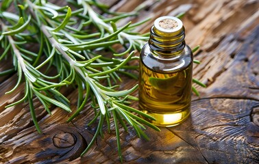 Pure Rosemary Oil - Aromatherapy Elixir with Fresh Rosemary Leaves on a Rustic Wooden Table