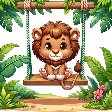 An image of a young, cartoon lion with a small mane and large, friendly eyes, sitting on a wooden swing. The swing is suspended from a wooden