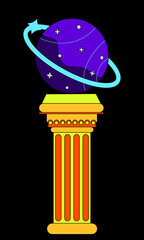 Surreal neon landscape with antique column and star planet. 90s groovy posters. Cartoon psychedelic style Posters with surreal abstract arch. Vaporwave style vector illustration.