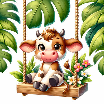 Depict a young, cartoon cow with a vibrant small mane and large, friendly eyes, sitting on a wooden swing. The swing is suspended from a wooden