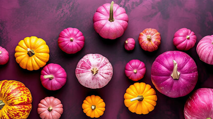 A group of pumpkins on a magenta color marble