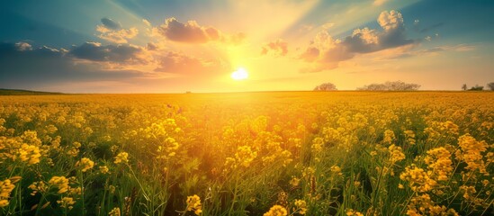 Beautiful blooming yellow flowers in a vast and colorful field under sunny skies