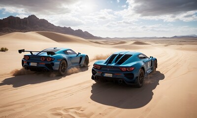 Fototapeta na wymiar Two blue sports cars with sleek automotive design are speeding through the desert landscape under a clear sky, their tires kicking up dust clouds