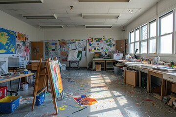 A chaotic room filled with clutter and miscellaneous items scattered across the floor, Empty classroom turned into an art studio with scattered art supplies, AI Generated - obrazy, fototapety, plakaty