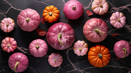A group of pumpkins on a dark pink color marble - obrazy, fototapety, plakaty