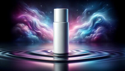 White Beauty Products Packaging Mockup, white cosmetic makeup bottle on ripple, cosmos background