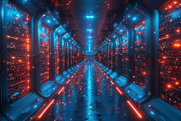 Cloud computing data center. A huge amount of big data is transferred via the Internet in the digital space. Concept for futuristic digital and AI technology.