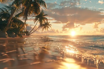 At sunset, a tropical island beach transforms into a breathtaking and idyllic scene, captivating with its beauty and tranquility - obrazy, fototapety, plakaty