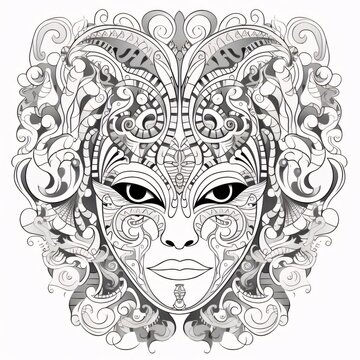 Black and white carnival mask with decorations, white isolated background. Coloring sheet. Carnival outfits, masks and decorations.