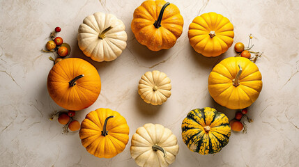 A group of pumpkins on a light yellow color marble
