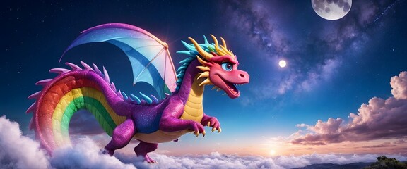 A mythical creature, the rainbow dragon, is soaring through the electric blue clouds in the sky, displaying a beautiful and aweinspiring sight