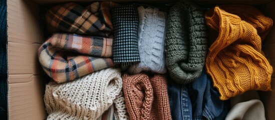 Assorted collection of cozy socks and colorful scarves in a beautiful box for winter fashion and accessories