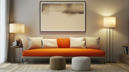 Modern cozy beige living room interior concept with orange sofa and white pillows on it near floor lamp. round pouf table a knitted rug on a wooden floor