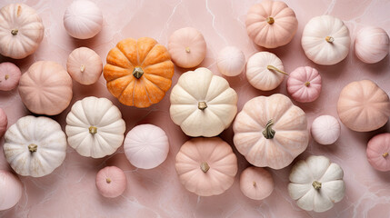 A group of pumpkins on a light pink color marble
