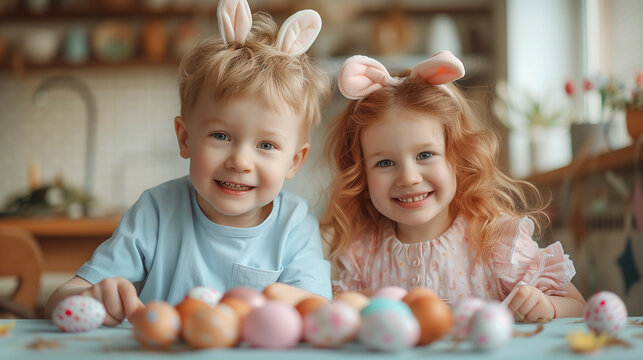 Cheerful boy and girl, with bunny ears, share playful moment while arranging colorful collection of Easter eggs on bright and cozy kitchen table.