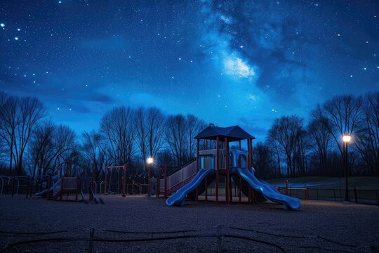 A nighttime scene showcasing a playground with the Milky Way galaxy prominently displayed in the sky, Empty playground under a starlit sky, AI Generated