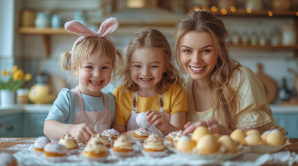 Fototapeta premium Happy Easter. Mother and her son and daughter, adorned with floral crowns and one with bunny ears, share joyful moment decorating cupcakes in kitchen filled with rustic charm.