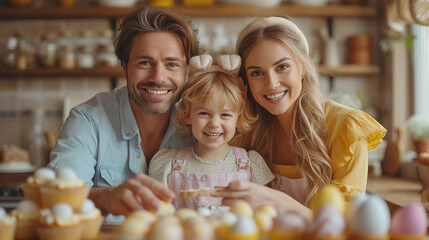 Happy smiling family at table with Easter eggs. Festive clothes with decorative bunny ears create cozy Easter atmosphere - Powered by Adobe