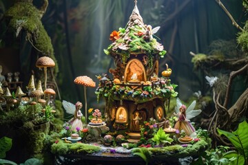 A vibrant fairy garden filled with an array of plants and mushrooms, creating a whimsical and enchanting scene, Enchanted fairy-tale birthday scene with elves and fairies, AI Generated