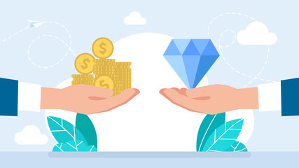 Jewelry business, diamond with money. Buy, sell talent. The price of creativity. Sell and buy at a pawnshop. Man holds a diamond in his hand to exchange it for money. Flat illustration