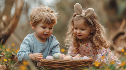 Two young children, boy and girl with bunny ears, are engrossed in examining basket full of colorful Easter eggs amidst field of wildflowers. - Powered by Adobe